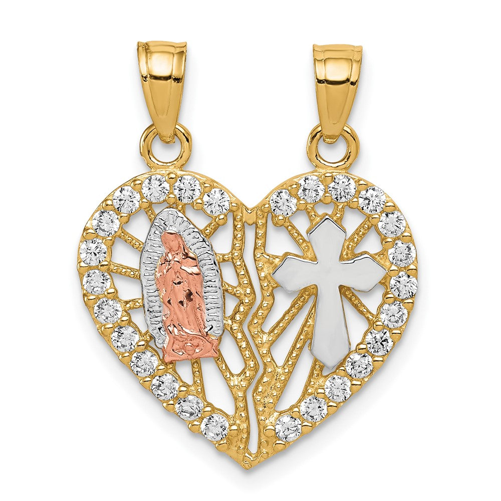 10K Bicolor 10K Bicolor mit Weiß Rhodium Zirkonia Religious Break-apart Herz Anhänger