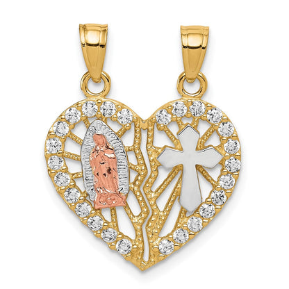 10K Bicolor 10K Bicolor mit Weiß Rhodium Zirkonia Religious Break-apart Herz Anhänger