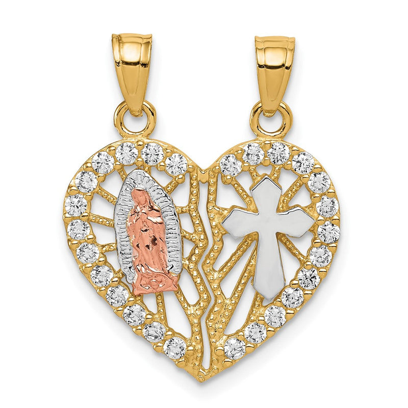 10K Bicolor 10K Bicolor mit Weiß Rhodium Zirkonia Religious Break-apart Herz Anhänger