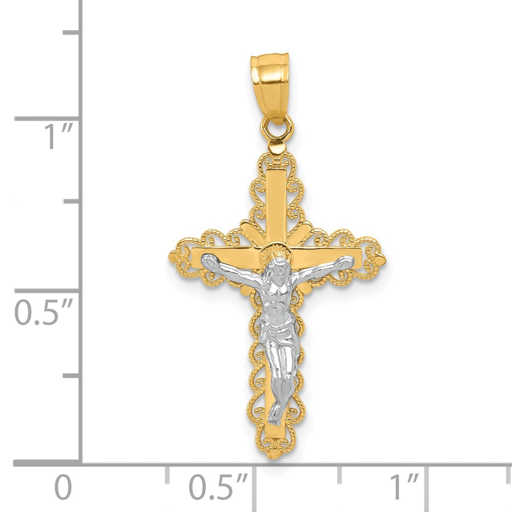 10K Gelb mit Rhodium mit Rhodium Filigran Kruzifix Anhänger