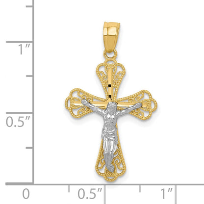 10K Gelb mit Rhodium mit Rhodium Filigran Kruzifix Anhänger