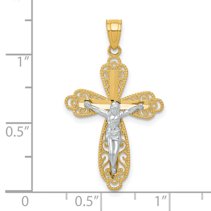 10K Gelb mit Rhodium mit Rhodium Filigran Kruzifix Anhänger