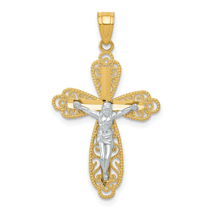 10K Gelb mit Rhodium mit Rhodium Filigran Kruzifix Anhänger