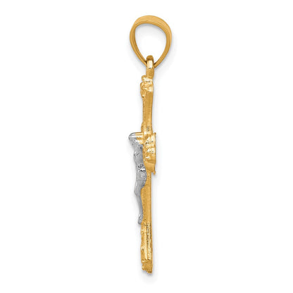 10K Gelb mit Rhodium Fleur De Lis Kruzifix Anhänger