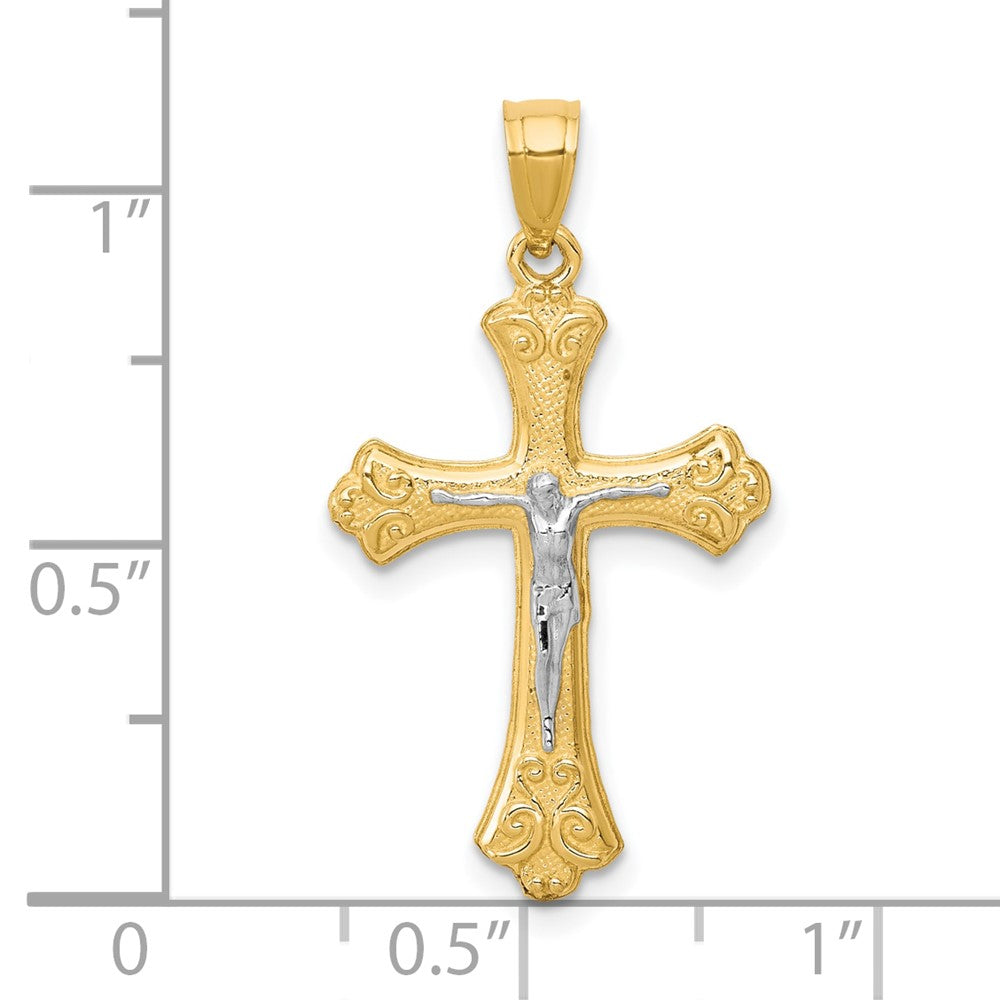 10K Gelb mit Rhodium Fleur De Lis Kruzifix Anhänger