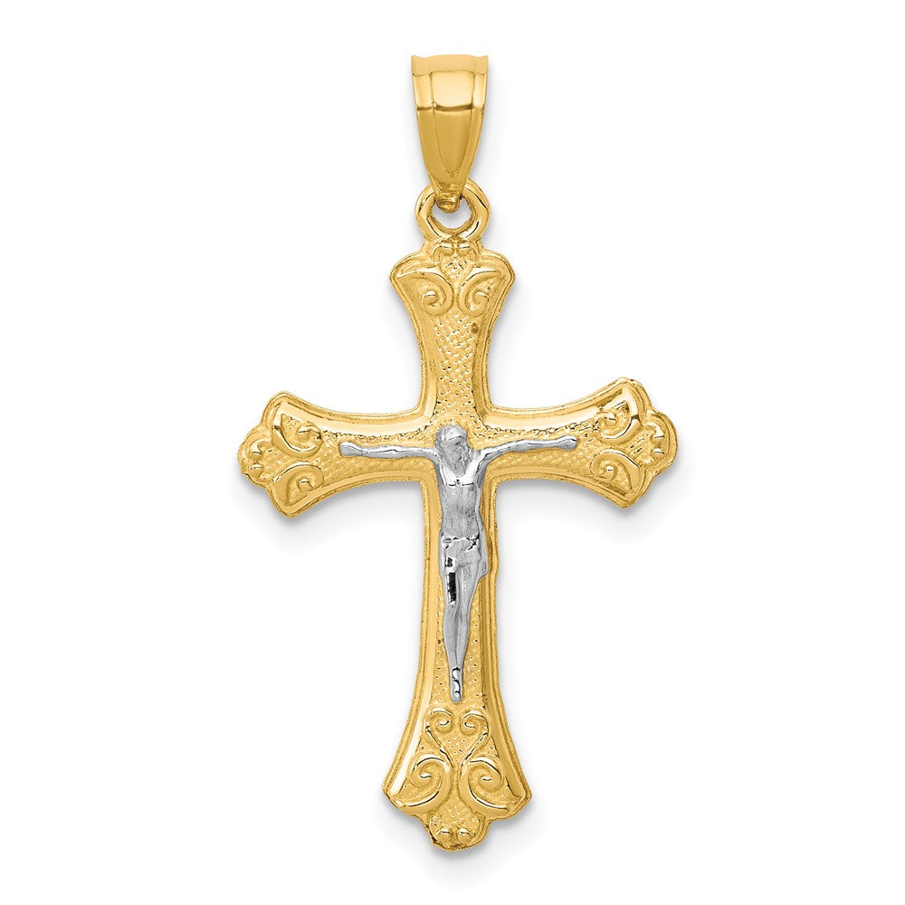 10K Gelb mit Rhodium Fleur De Lis Kruzifix Anhänger