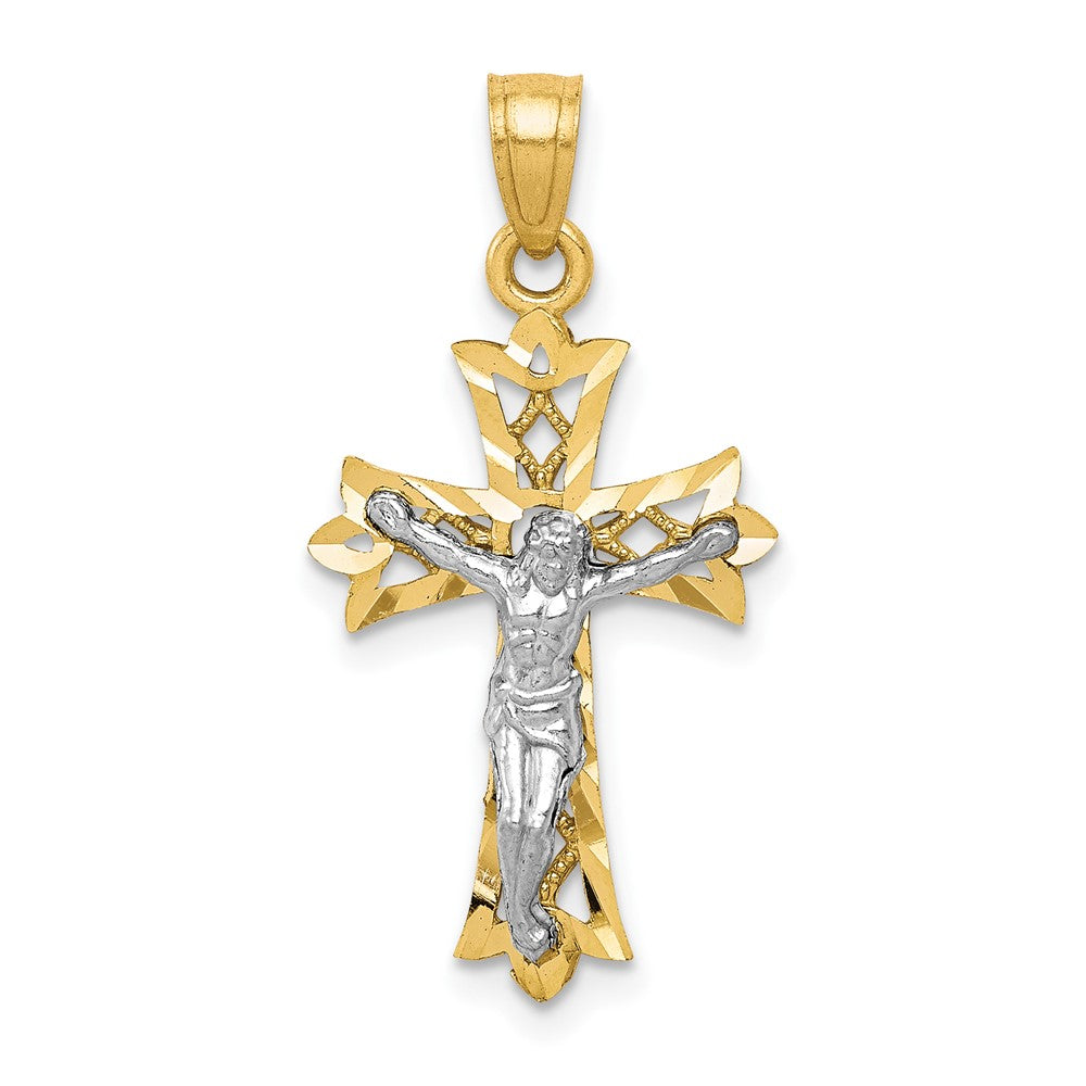 10K Gelb mit Rhodium Filigran Kruzifix Anhänger