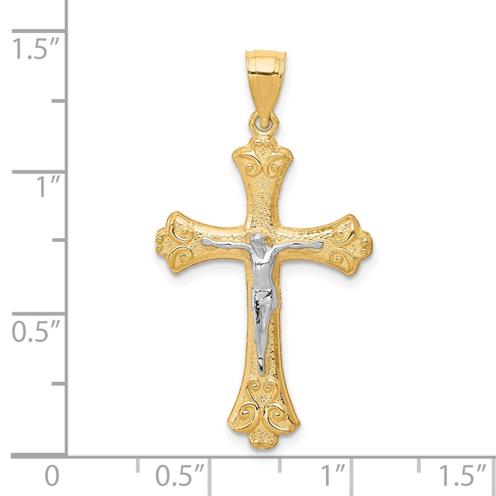 10K Gelb mit Rhodium Fleur De Lis Kruzifix Anhänger