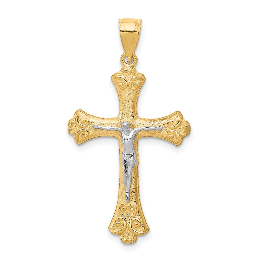 10K Gelb mit Rhodium Fleur De Lis Kruzifix Anhänger