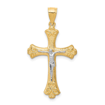 10K Gelb mit Rhodium Fleur De Lis Kruzifix Anhänger