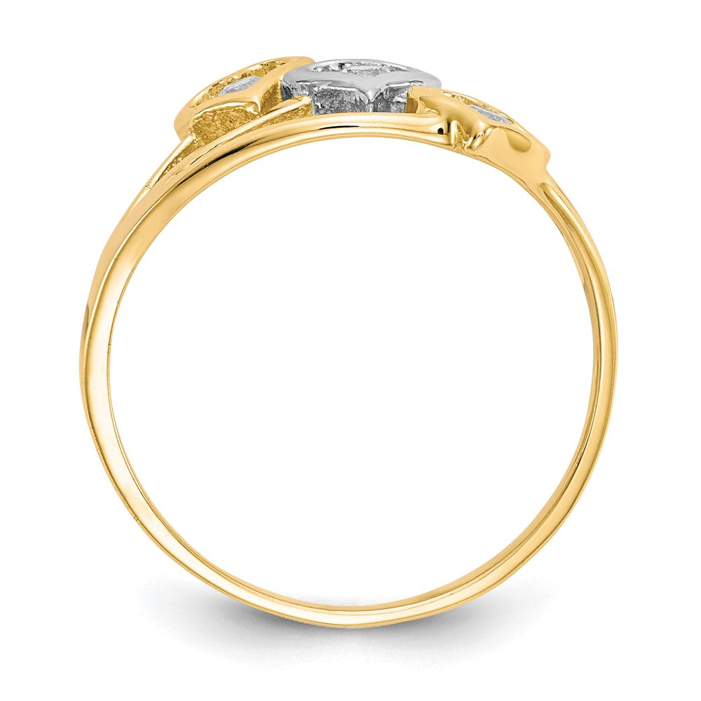 10K Gelb mit Rhodium 10K Dreifach Herz 3 Stein Zirkonia Ring