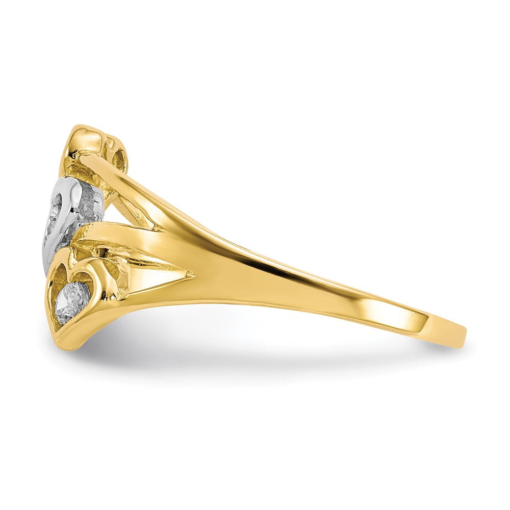 10K Gelb mit Rhodium 10K Dreifach Herz 3 Stein Zirkonia Ring