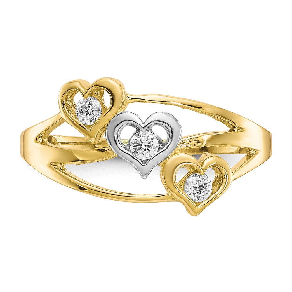 10K Gelb mit Rhodium 10K Dreifach Herz 3 Stein Zirkonia Ring