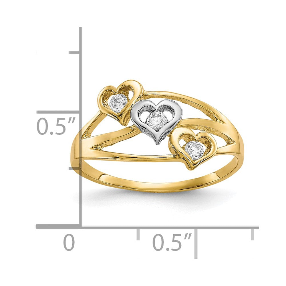 10K Gelb mit Rhodium 10K Dreifach Herz 3 Stein Zirkonia Ring