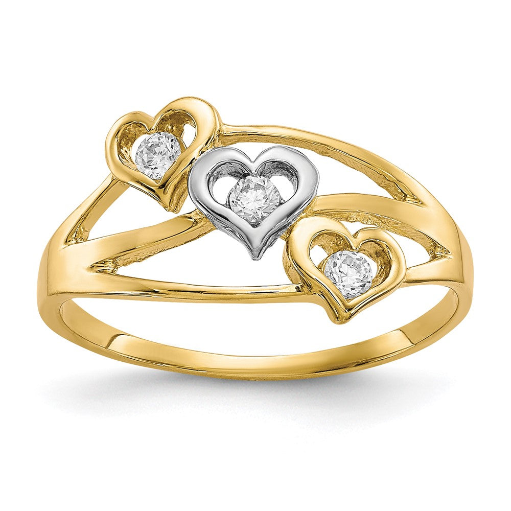 10K Gelb mit Rhodium 10K Dreifach Herz 3 Stein Zirkonia Ring
