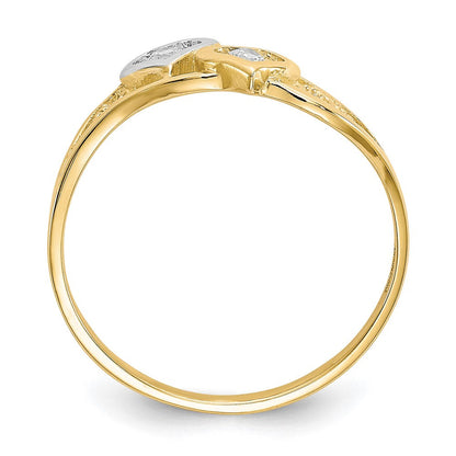 10K Gelb mit Rhodium 10K Doppelt Herz Zirkonia Ring