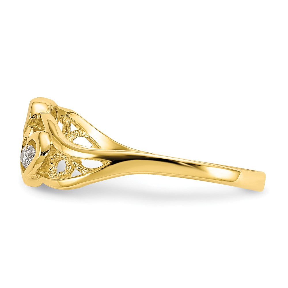 10K Gelb mit Rhodium 10K Doppelt Herz Zirkonia Ring
