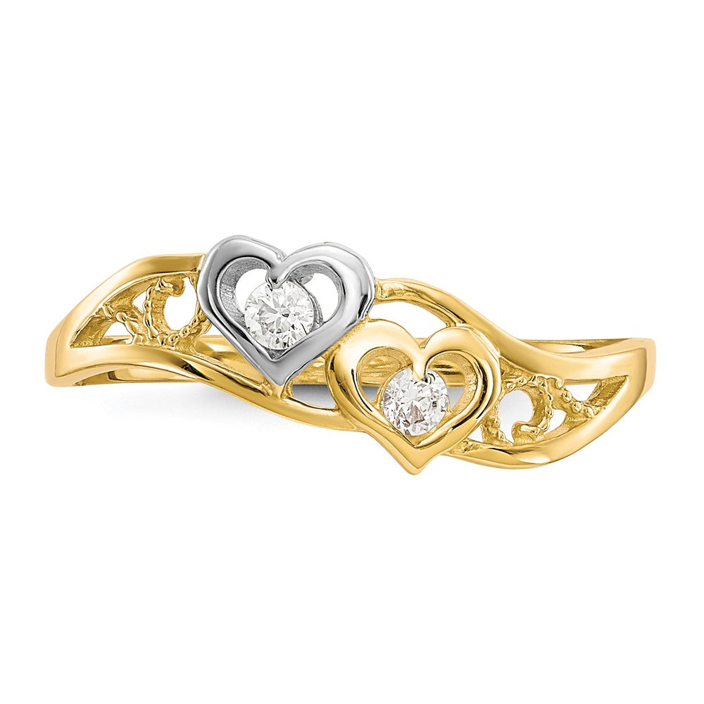 10K Gelb mit Rhodium 10K Doppelt Herz Zirkonia Ring