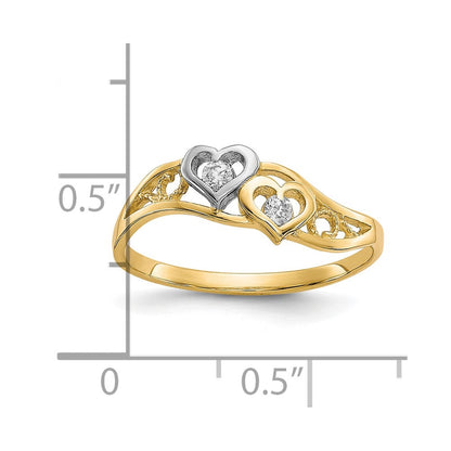10K Gelb mit Rhodium 10K Doppelt Herz Zirkonia Ring