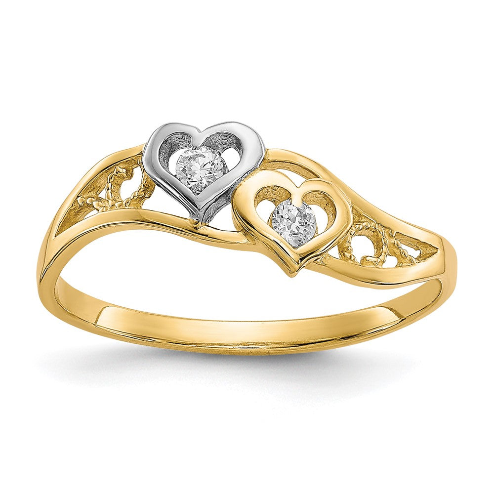10K Gelb mit Rhodium 10K Doppelt Herz Zirkonia Ring