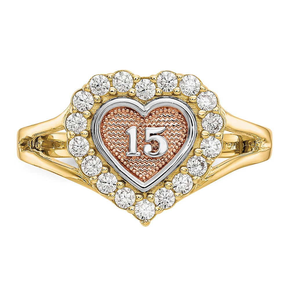 10K Bicolor mit Weiß Rhodium Süß 15 Zirkonia Herz Ring