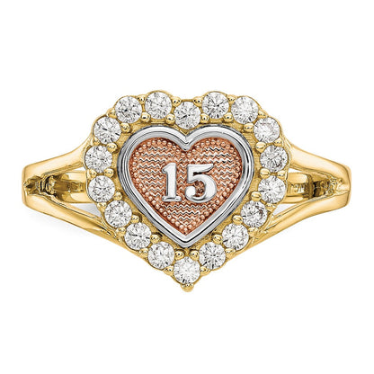 10K Bicolor mit Weiß Rhodium Süß 15 Zirkonia Herz Ring