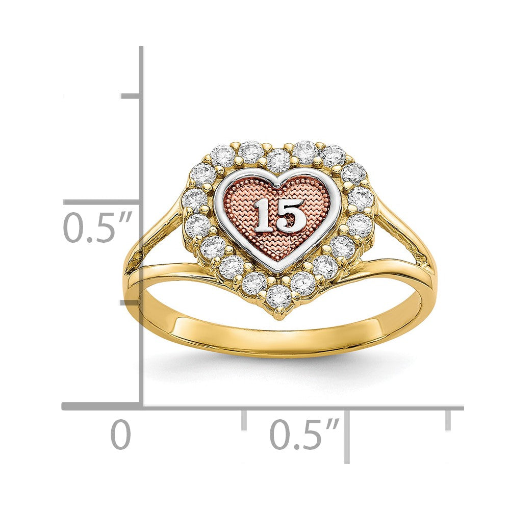 10K Bicolor mit Weiß Rhodium Süß 15 Zirkonia Herz Ring