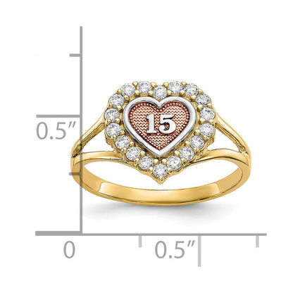10K Bicolor mit Weiß Rhodium Süß 15 Zirkonia Herz Ring