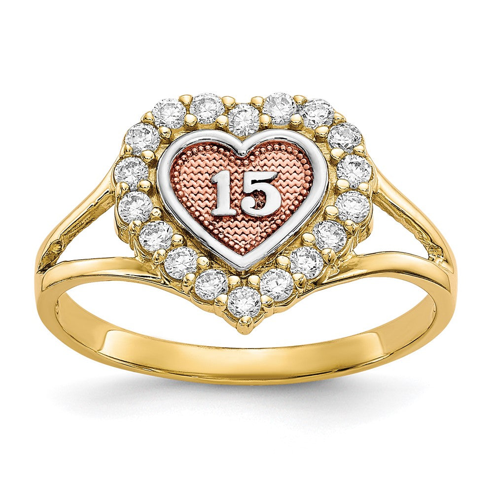 10K Bicolor mit Weiß Rhodium Süß 15 Zirkonia Herz Ring