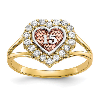 10K Bicolor mit Weiß Rhodium Süß 15 Zirkonia Herz Ring