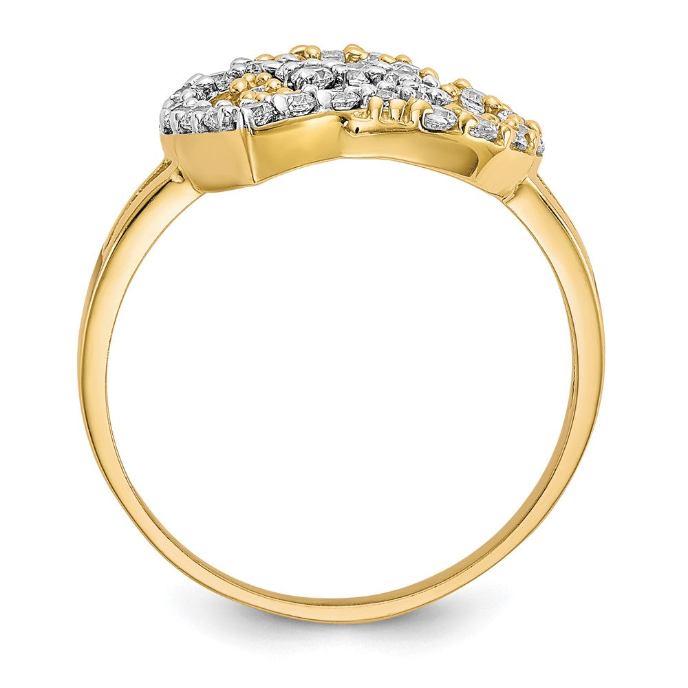 10K Gelb mit Rhodium 10K Doppelt Herz Zirkonia Ring