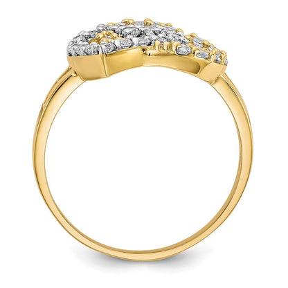 10K Gelb mit Rhodium 10K Doppelt Herz Zirkonia Ring