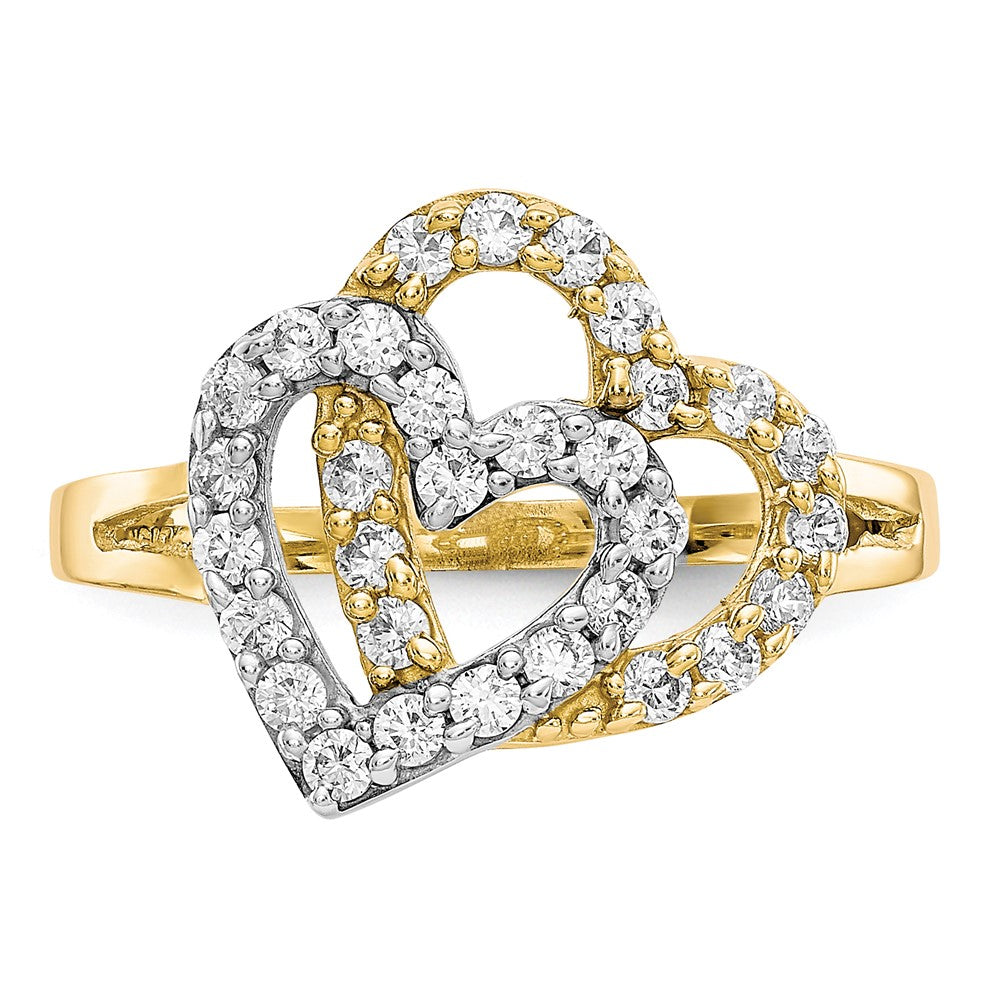 10K Gelb mit Rhodium 10K Doppelt Herz Zirkonia Ring