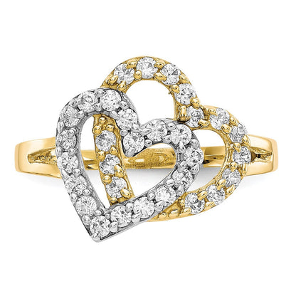 10K Gelb mit Rhodium 10K Doppelt Herz Zirkonia Ring