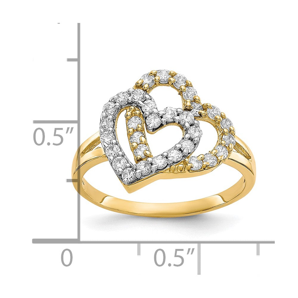 10K Gelb mit Rhodium 10K Doppelt Herz Zirkonia Ring