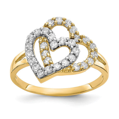 10K Gelb mit Rhodium 10K Doppelt Herz Zirkonia Ring