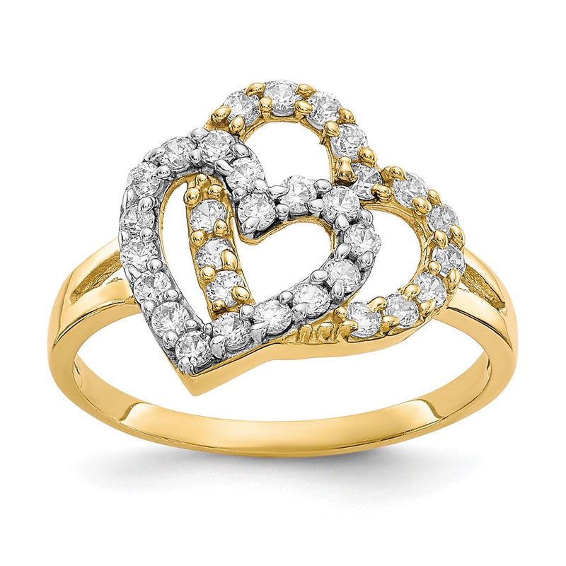 10K Gelb mit Rhodium 10K Doppelt Herz Zirkonia Ring