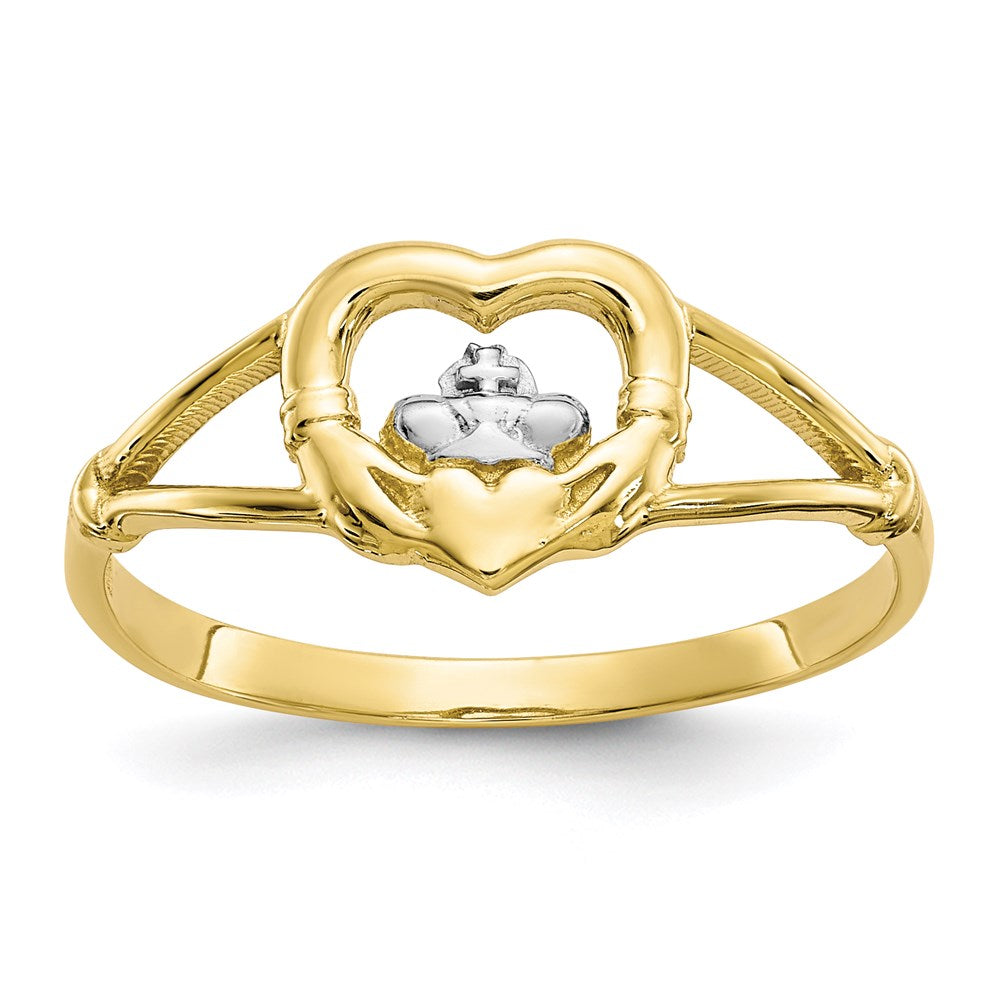 10K Gelbgold & Rhodium Damen-Claddagh-Ring