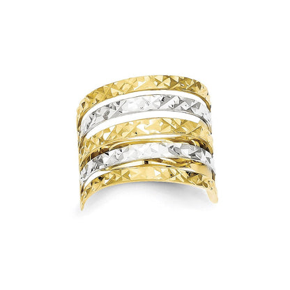 10K Gelbgold & Rhodium Ring mit Diamant-Facettenschliff-Linien, echt