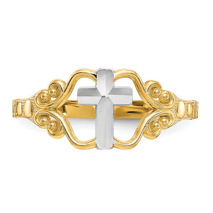 10K Gelbgold & Rhodium Polierter Kreuz-Ring