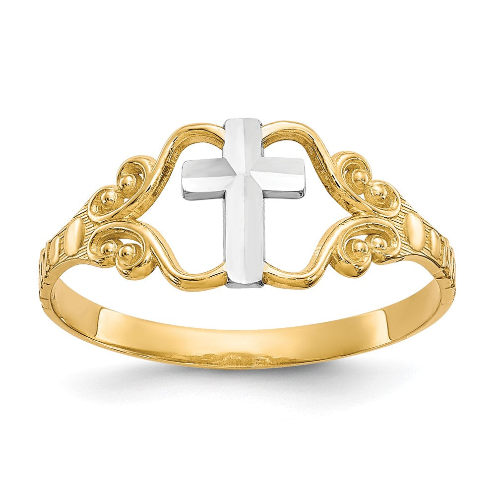 10K Gelbgold & Rhodium Polierter Kreuz-Ring