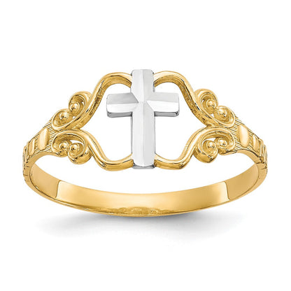 10K Gelbgold & Rhodium Polierter Kreuz-Ring