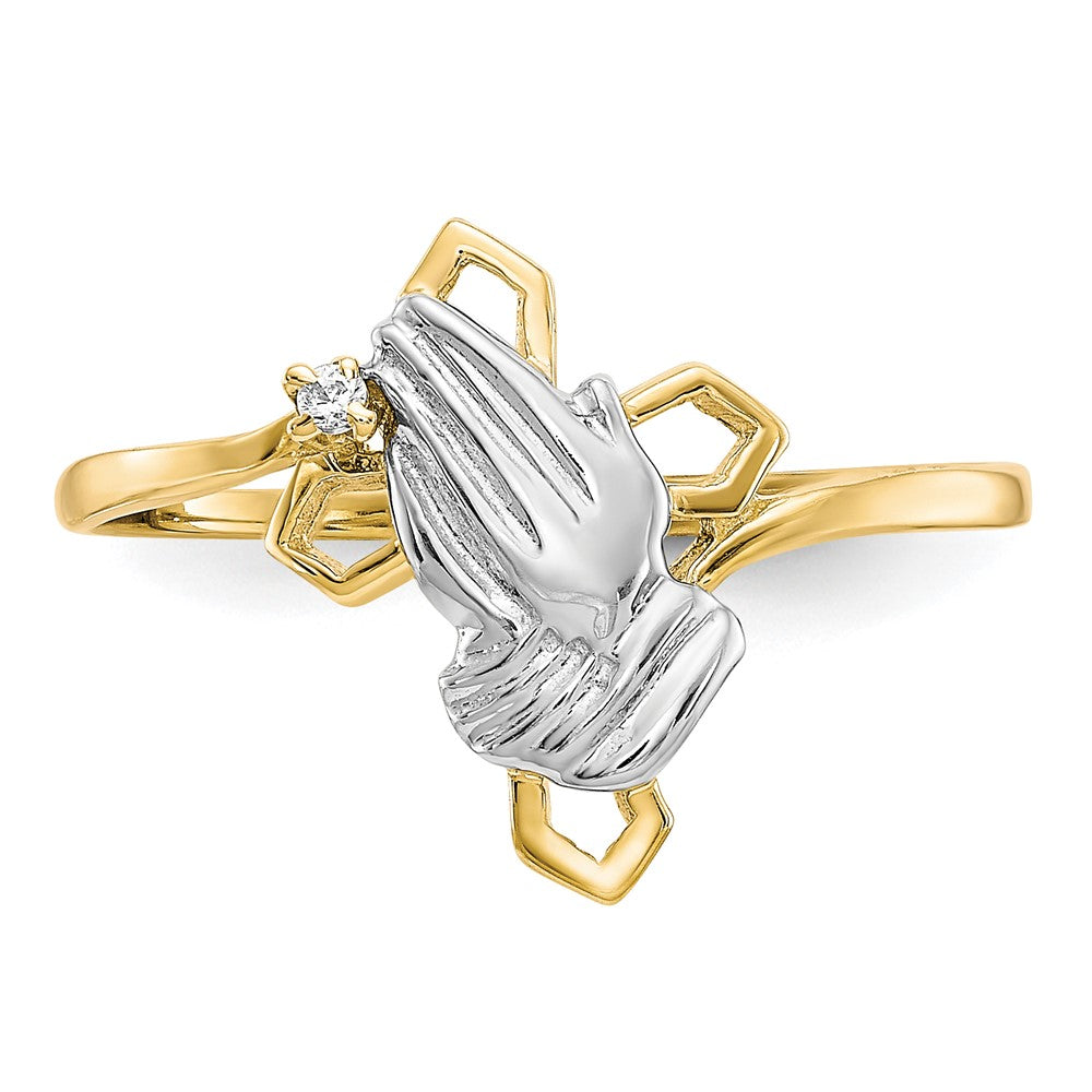 10K Gelb mit Rhodium & Rhodium Betend Hands Zirkonia mit Kreuz Ring