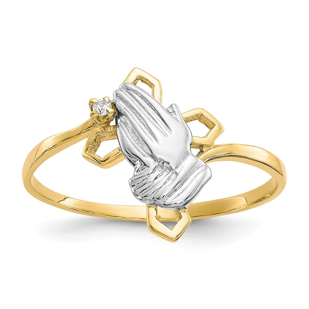 10K Gelb mit Rhodium & Rhodium Betend Hands Zirkonia mit Kreuz Ring