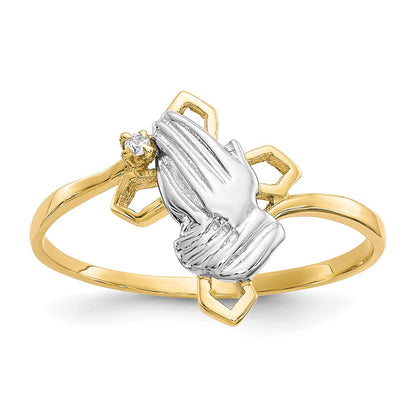 10K Gelb mit Rhodium & Rhodium Betend Hands Zirkonia mit Kreuz Ring