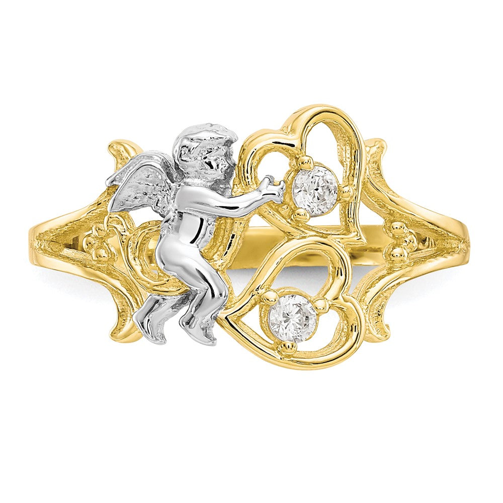 10K Gelb mit Rhodium & Rhodium Zirkonia Engel mit Herzen Ring