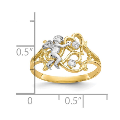 10K Gelb mit Rhodium & Rhodium Zirkonia Engel mit Herzen Ring
