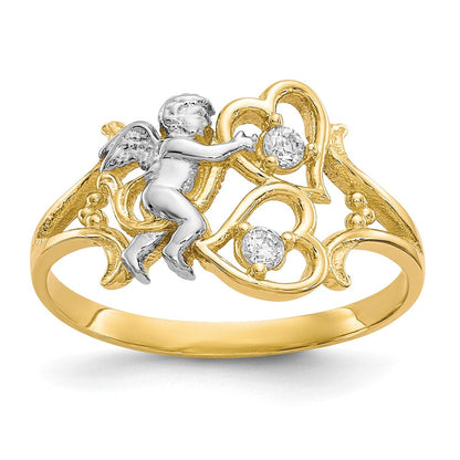 10K Gelb mit Rhodium & Rhodium Zirkonia Engel mit Herzen Ring