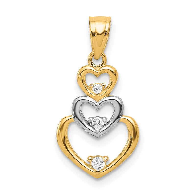 10K Gelb mit Rhodium 10K mit Rhodium Zirkonia 3-heart Anhänger