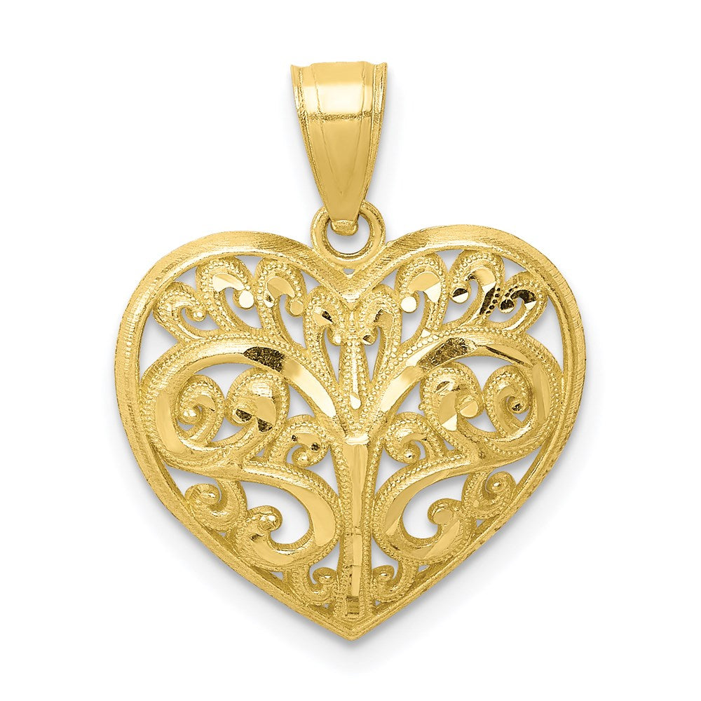 10K Gelbgold Diamantiert Filigran Herz Charm